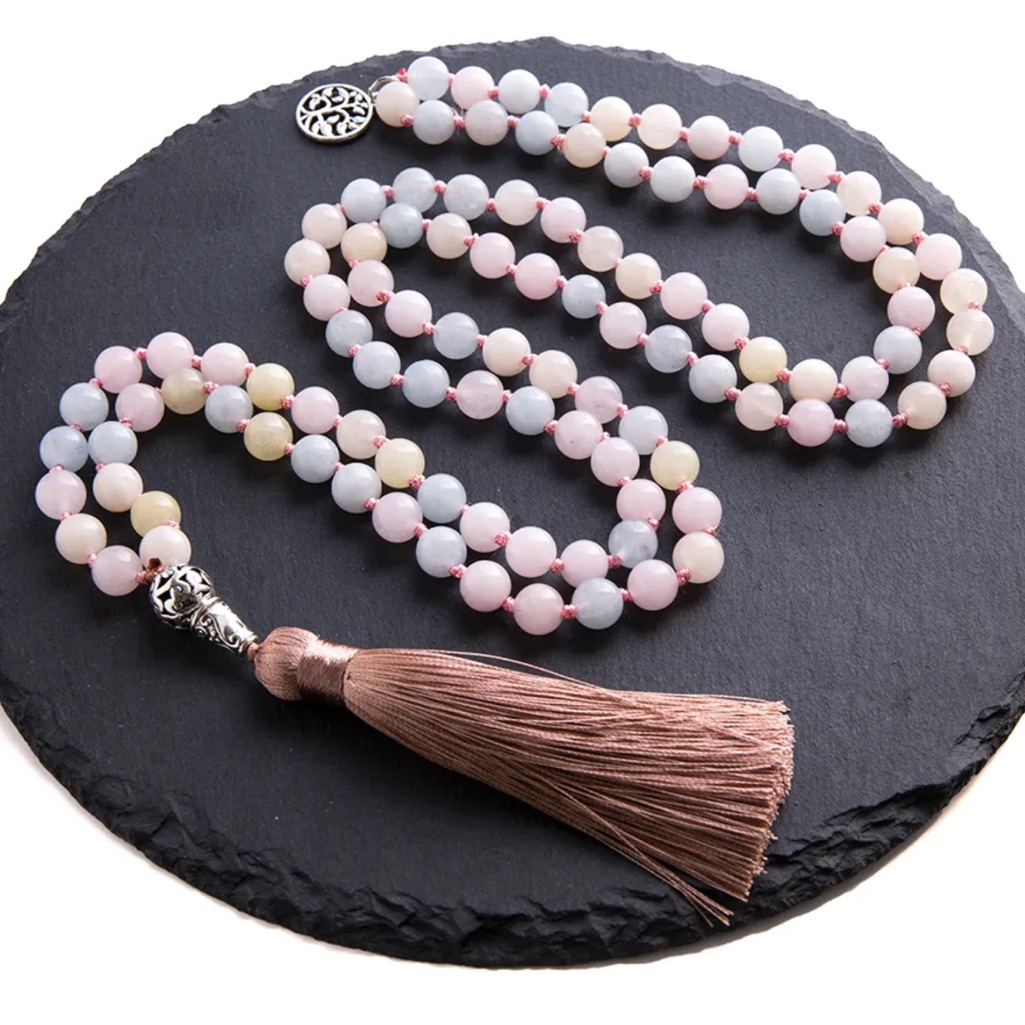Morganite Aquamarine Mala Gemstone Necklace 40$
